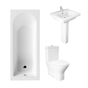 Essentials 1500 x 700mm Straight Bath Single Ended Bathroom Suite with RAK-Resort Mini Close Coupled Closed Back Rimless Toilet and 550mm Full Pedestal Basin