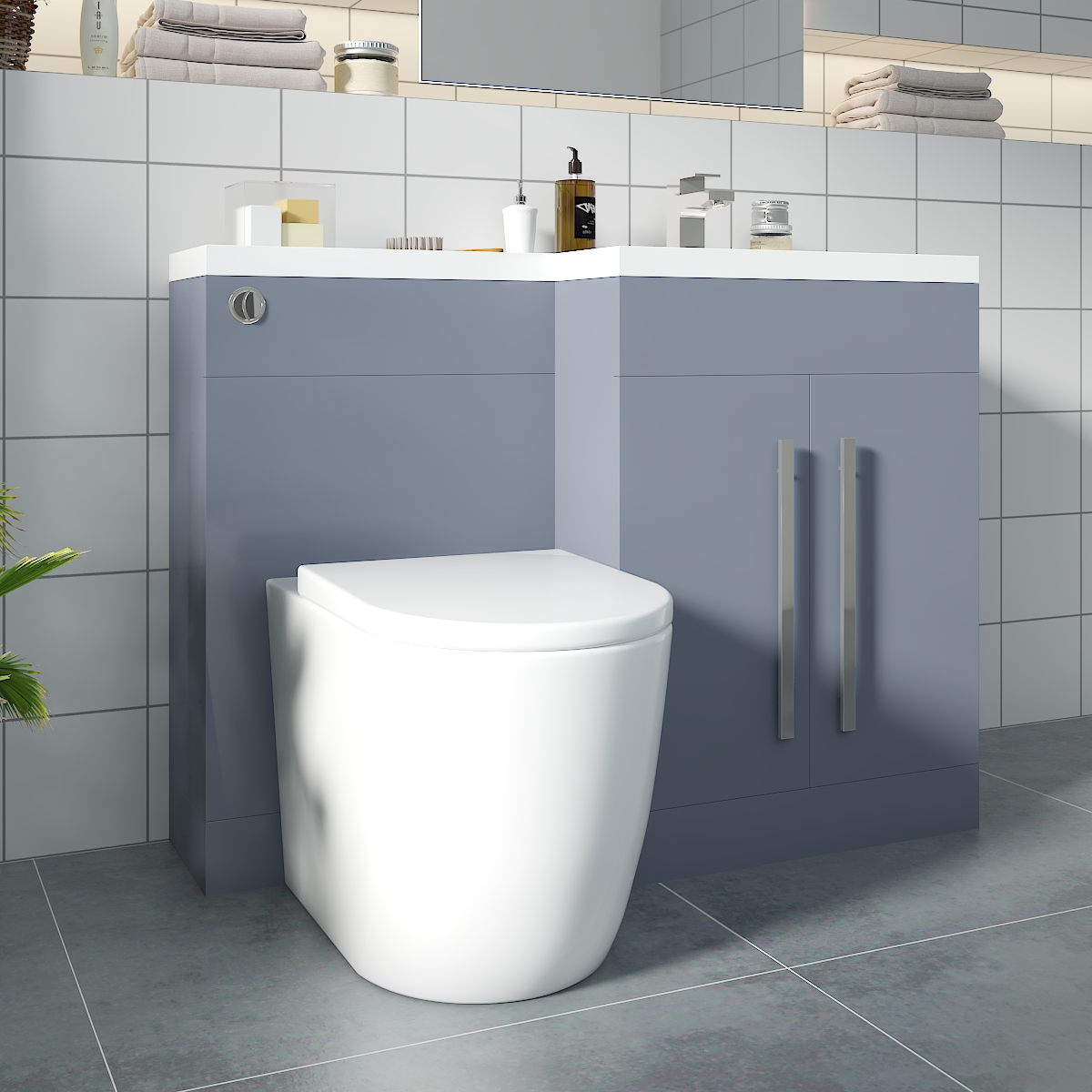 Calm Gloss Grey Right Hand Combination Vanity Unit Basin L Shape with Back to Wall Cordoba Toilet & Soft Close Seat & Concealed Cistern - 1100mm