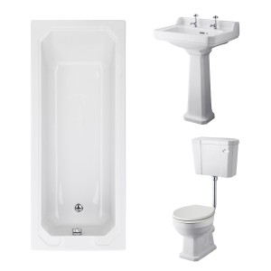 Wellington Low Level Comfort Height Toilet with Sand Seat & 600mm 2 Tap Hole Basin with 1700 x 700mm Traditional Straight Bath Single Ended