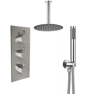Thurso Chrome Triple Round Handle Concealed Valve with 300mm Round Shower Head, Ceiling Arm and Hand Shower (2 Outlet)