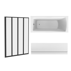 Sawley 1600 x 700mm Straight Bath Single Ended with Front Panel and Black Folding Bath Screen