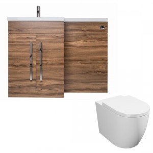 Calm Walnut Left Hand Combination Vanity Unit Basin L Shape with Back to Wall Cordoba Toilet &amp; Soft Close Seat &amp; Concealed Cistern - 1100mm
