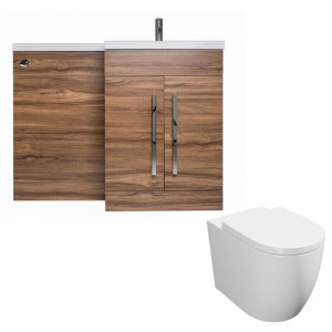 Calm Walnut Right Hand Combination Vanity Unit Basin L Shape with Back to Wall Cordoba Toilet &amp; Soft Close Seat &amp; Concealed Cistern - 1100mm