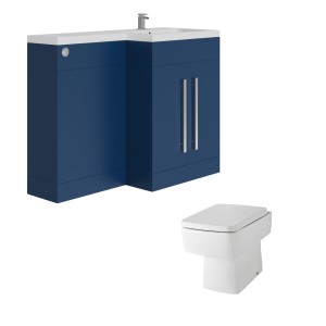 Calm Matt Blue Right Hand Combination Vanity Unit Basin L Shape with Back to Wall Boston Toilet &amp; Soft Close Seat &amp; Concealed Cistern - 1100mm