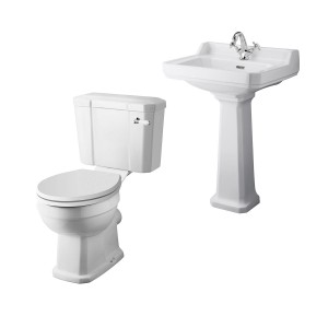 Wellington Close Coupled Toilet with White Seat & 600mm 1 Tap Hole Basin Cloakroom Suite