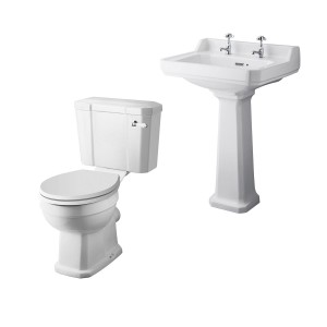 Wellington Close Coupled Toilet with White Seat & 600mm 2 Tap Hole Basin Cloakroom Suite