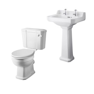 Wellington Close Coupled Toilet with White Seat & 560mm 2 Tap Hole Basin Cloakroom Suite
