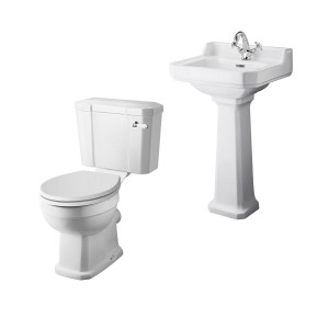 Wellington Close Coupled Toilet with White Seat & 500mm 1 Tap Hole Basin Cloakroom Suite