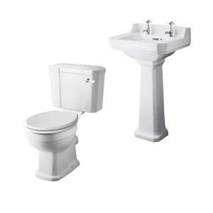 Wellington Close Coupled Toilet with White Seat & 500mm 2 Tap Hole Basin Cloakroom Suite