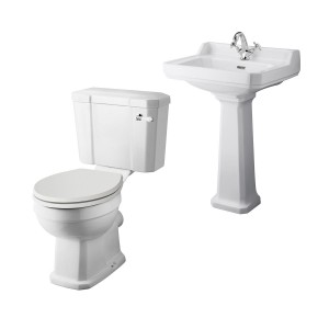 Wellington Close Coupled Toilet with Sand Seat & 600mm 1 Tap Hole Basin Cloakroom Suite