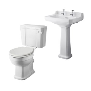 Wellington Close Coupled Toilet with Sand Seat & 600mm 2 Tap Hole Basin Cloakroom Suite