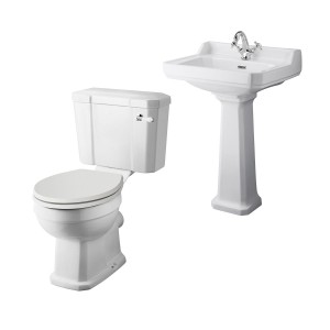 Wellington Close Coupled Toilet with Sand Seat & 560mm 1 Tap Hole Basin Cloakroom Suite