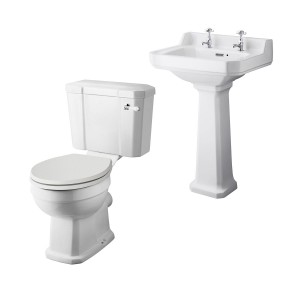 Wellington Close Coupled Toilet with Sand Seat & 560mm 2 Tap Hole Basin Cloakroom Suite