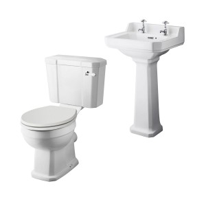 Wellington Close Coupled Toilet with Sand Seat & 500mm 2 Tap Hole Basin Cloakroom Suite