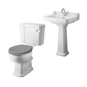 Wellington Close Coupled Toilet with Grey Seat & 600mm 1 Tap Hole Basin Cloakroom Suite