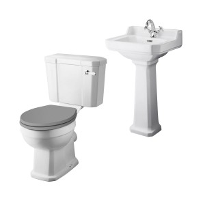 Wellington Close Coupled Toilet with Grey Seat & 500mm 1 Tap Hole Basin Cloakroom Suite