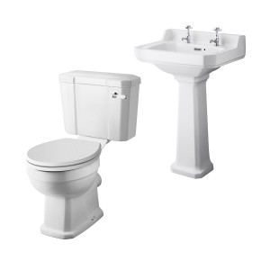 Wellington Close Coupled Comfort Height Toilet with White Seat & 560mm 2 Tap Hole Basin Cloakroom Suite