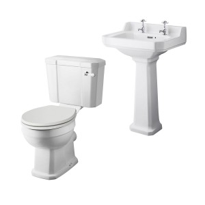 Wellington Close Coupled Comfort Height Toilet with Sand Seat & 560mm 2 Tap Hole Basin Cloakroom Suite