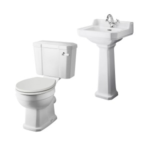 Wellington Close Coupled Comfort Height Toilet with Sand Seat & 500mm 1 Tap Hole Basin Cloakroom Suite