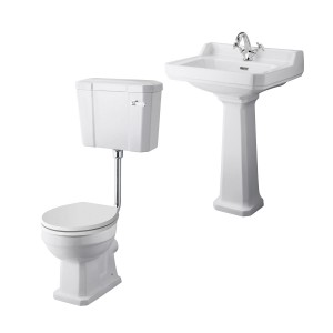 Wellington Low Level Toilet with White Seat & 600mm 1 Tap Hole Basin Cloakroom Suite