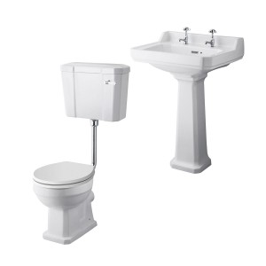 Wellington Low Level Toilet with White Seat & 600mm 2 Tap Hole Basin Cloakroom Suite