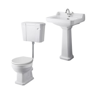 Wellington Low Level Toilet with White Seat & 560mm 1 Tap Hole Basin Cloakroom Suite
