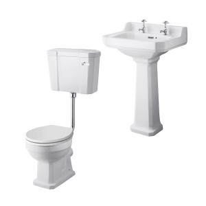 Wellington Low Level Toilet with White Seat & 560mm 2 Tap Hole Basin Cloakroom Suite
