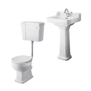 Wellington Low Level Toilet with White Seat & 500mm 1 Tap Hole Basin Cloakroom Suite