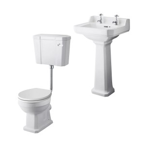 Wellington Low Level Toilet with White Seat & 500mm 2 Tap Hole Basin Cloakroom Suite