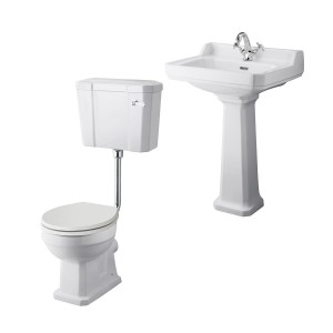 Wellington Low Level Toilet with Sand Seat & 600mm 1 Tap Hole Basin Cloakroom Suite