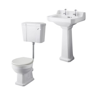 Wellington Low Level Toilet with Sand Seat & 560mm 2 Tap Hole Basin Cloakroom Suite