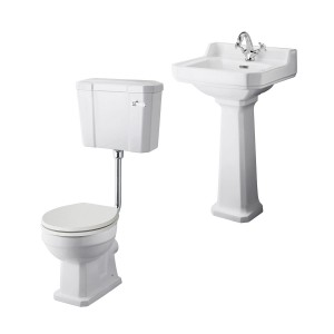 Wellington Low Level Toilet with Sand Seat & 500mm 1 Tap Hole Basin Cloakroom Suite