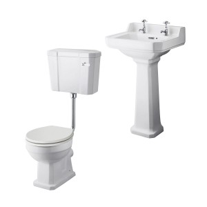 Wellington Low Level Toilet with Sand Seat & 500mm 2 Tap Hole Basin Cloakroom Suite