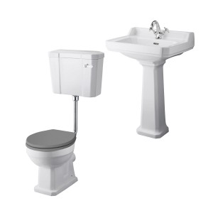 Wellington Low Level Toilet with Grey Seat & 600mm 1 Tap Hole Basin Cloakroom Suite