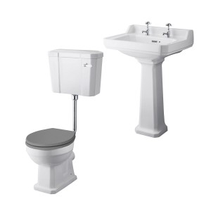 Wellington Low Level Toilet with Grey Seat & 600mm 2 Tap Hole Basin Cloakroom Suite