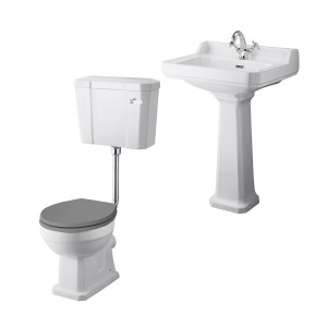 Wellington Low Level Toilet with Grey Seat & 560mm 1 Tap Hole Basin Cloakroom Suite