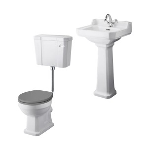 Wellington Low Level Toilet with Grey Seat & 500mm 1 Tap Hole Basin Cloakroom Suite