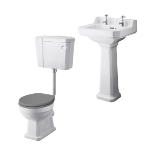 Wellington Low Level Toilet with Grey Seat & 500mm 2 Tap Hole Basin Cloakroom Suite