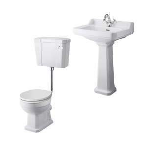 Wellington Low Level Comfort Height Toilet with White Seat & 600mm 1 Tap Hole Basin Cloakroom Suite