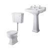 Wellington Low Level Comfort Height Toilet with White Seat & 600mm 2 Tap Hole Basin Cloakroom Suite