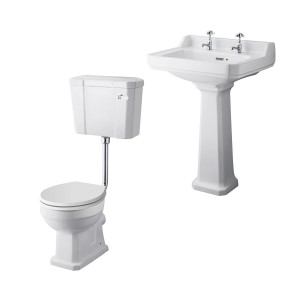 Wellington Low Level Comfort Height Toilet with White Seat & 600mm 2 Tap Hole Basin Cloakroom Suite