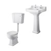 Wellington Low Level Comfort Height Toilet with White Seat & 560mm 2 Tap Hole Basin Cloakroom Suite