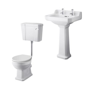 Wellington Low Level Comfort Height Toilet with White Seat & 560mm 2 Tap Hole Basin Cloakroom Suite