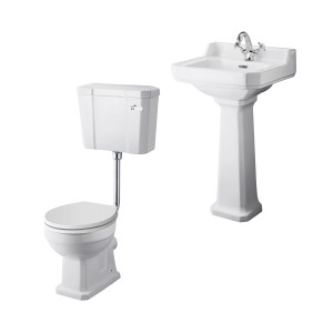 Wellington Low Level Comfort Height Toilet with White Seat & 500mm 1 Tap Hole Basin Cloakroom Suite