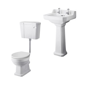 Wellington Low Level Comfort Height Toilet with White Seat & 500mm 2 Tap Hole Basin Cloakroom Suite