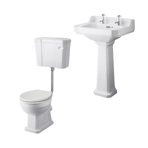 Wellington Low Level Comfort Height Toilet with Sand Seat & 560mm 2 Tap Hole Basin Cloakroom Suite