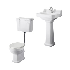 Wellington Low Level Comfort Height Toilet with Sand Seat & 500mm 1 Tap Hole Basin Cloakroom Suite