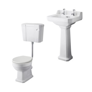 Wellington Low Level Comfort Height Toilet with Sand Seat & 500mm 2 Tap Hole Basin Cloakroom Suite