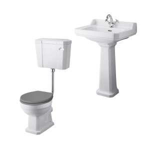 Wellington Low Level Comfort Height Toilet with Grey Seat & 600mm 1 Tap Hole Basin Cloakroom Suite
