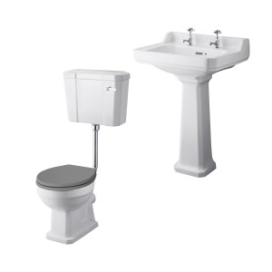 Wellington Low Level Comfort Height Toilet with Grey Seat & 600mm 2 Tap Hole Basin Cloakroom Suite